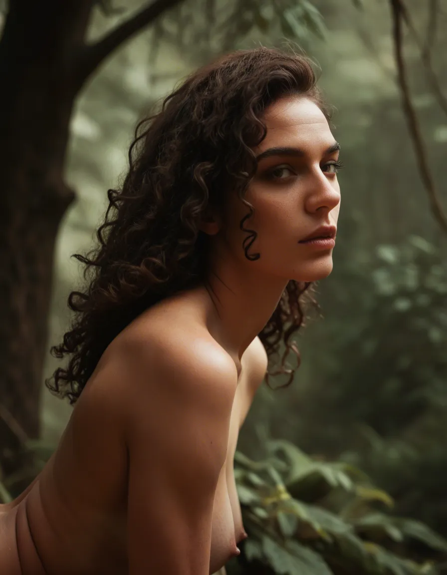 ultra HD, lifelike, demon girl, hand on own clitoris, doggystyle , tree, side view, hyperrealistic, curly hair, score_9, score_8, candid photo, realistic skin texture, visible skin pores, film grain, depth of field