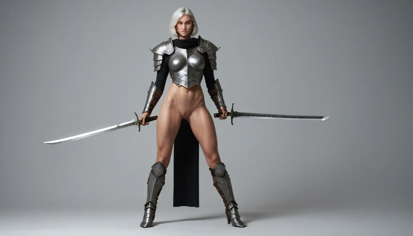 studio quality, sharp focus, full body, solo , black_background , white_hair , short_hair , standing , legs_apart , breasts_out , armor , pussy , holding_sword , looking_at_viewer , solo_focus ,light_smile , lips, photorealistic, score_9, score_8, candid photo, realistic skin texture,, score_9, score_8, cinematic film still, anamorphic, film grain, dramatic lighting, shallow depth of field