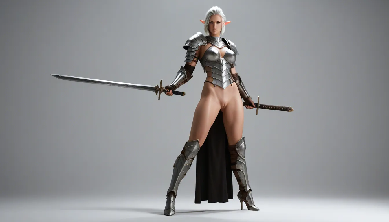 studio quality, sharp focus, full body, solo , solo_focus , black_background , elf , white_hair , short_hair , standing , legs_apart , breasts_out , breasts , armor , pussy , holding_sword , looking_at_viewer , solo_focus ,light_smile , lips, photorealistic, score_9, score_8, candid photo, realistic skin texture,, score_9, score_8, cinematic film still, anamorphic, film grain, dramatic lighting, shallow depth of field