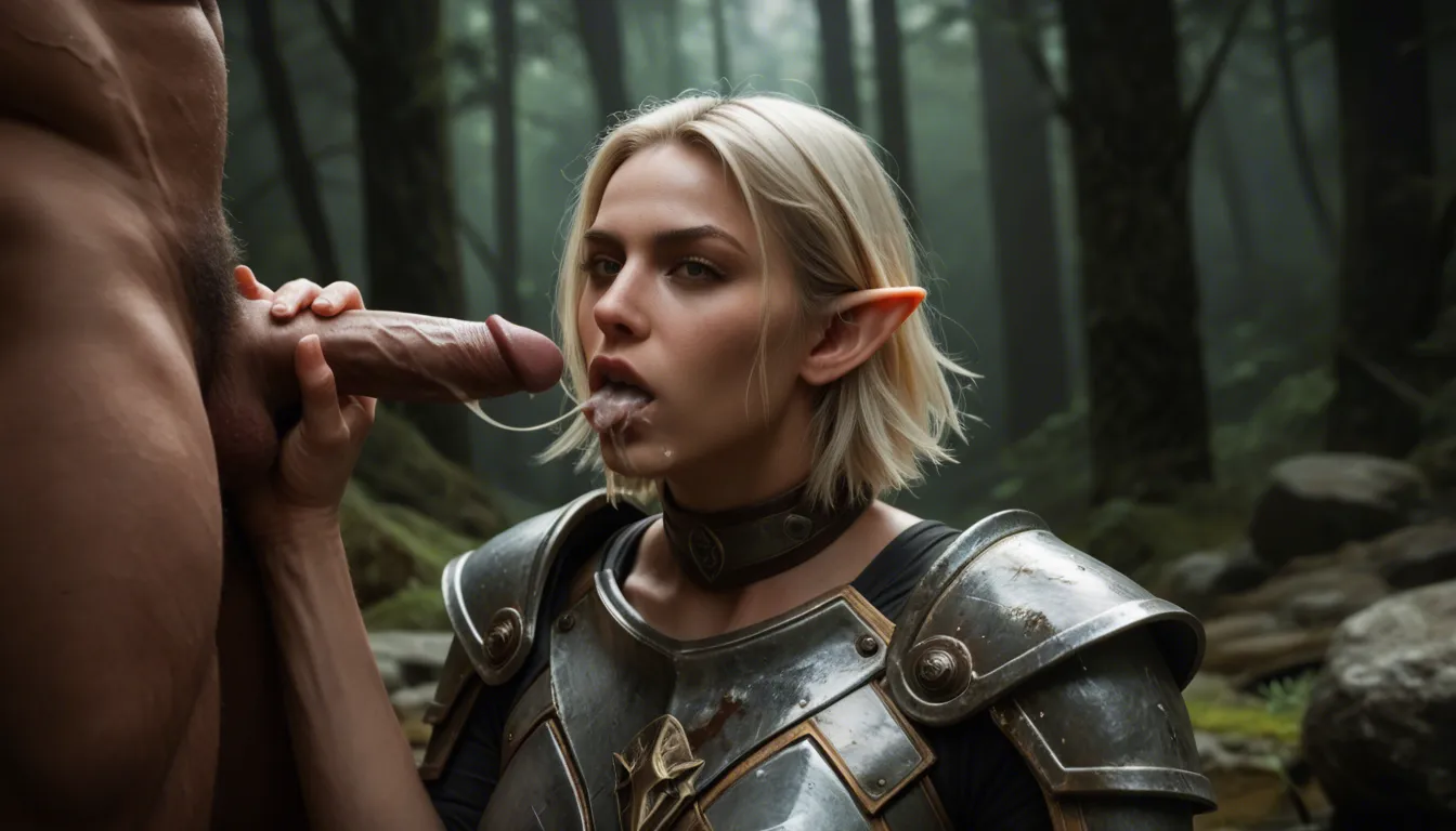 studio quality, sharp focus , full_body , dark forest , a standing elf blonde_hair short_hair in armor is giving fellatio to a Goblin standin on a Stone , cum_in_mouth , lips , photorealistic, score_9, score_8, candid photo, realistic skin texture,, score_9, score_8, cinematic film still, anamorphic, film grain, dramatic lighting, shallow depth of field