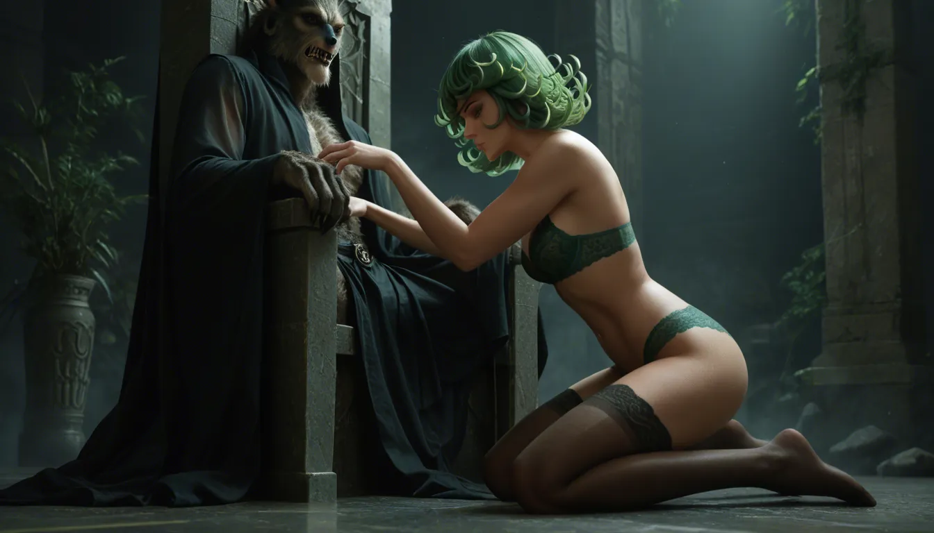 studio quality, sharp focus , from_side , face_focus close-up , Werewolf sitting on a throne, kneeling in front is @tatsumaki , see-through_clothes green_lace-trimmed_bra green_lace-trimmed_panties green_lace-trimmed_thighhighs giving a blowjob to large kontted penis , legs_apart , photorealistic, score_9, score_8, candid photo, realistic skin texture, score_9, score_8, cinematic film still, anamorphic, film grain, dramatic lighting, shallow depth of field