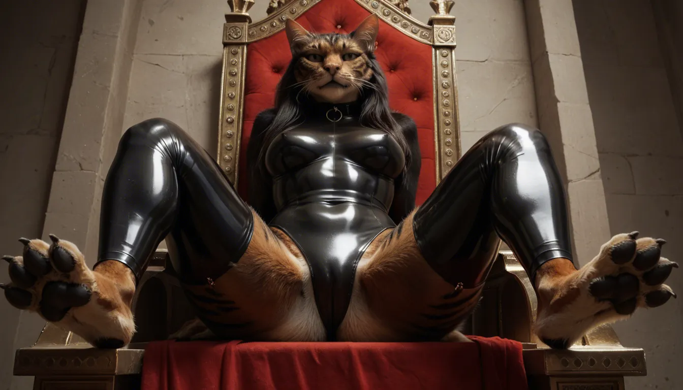 studio quality, sharp focus , from_below foot_focus , sitting on a throne a furry_female cat_woman black_fur , body_fur white_revealing_latex_clothes , spread_legs paws , lips , looking_at_viewer , photorealistic , score_9, score_8, candid photo, score_9, score_8, cinematic film still, anamorphic, film grain, dramatic lighting, shallow depth of field