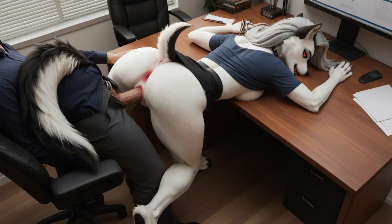 studio quality, sharp focus , from_above in a Office on a desk , @loona_(helluva_boss) furry_female body_fur bent_over spread_legs tail_raised , Office_outfit skirt_lift paws , sex_from_behind , vaginal clothed_female_clothed_male , red_eyes , looking_at_viewer , photorealistic, score_9, score_8, candid photo, realistic skin texture, score_9, score_8, cinematic film still, anamorphic, film grain, dramatic lighting, shallow depth of field