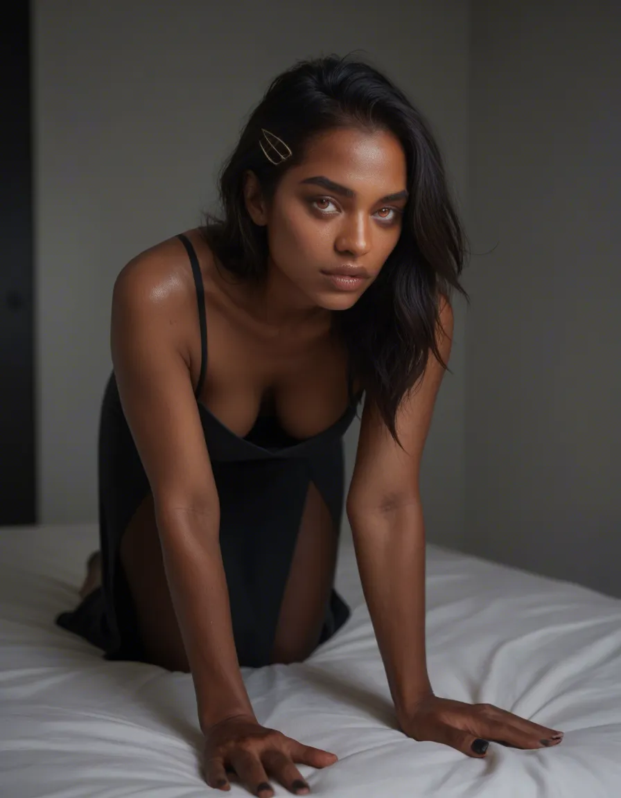 8k, sharp focus, detailed skin, demon woman, hairclip, dress, on all fours, dslr quality, score_9, score_8, candid photo, realistic skin texture, visible skin pores, film grain, depth of field