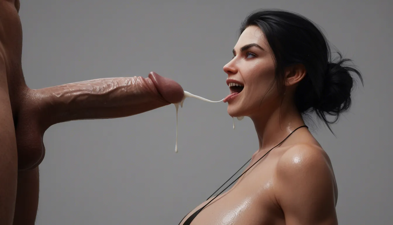 view from side, huge breasts breastfuck penis, cum, long black hair fringe hairstyle, almond blue eyes evil laugh, shiny golden grey micro slingshot bikini, muscular toned body, weak man, big blue shoulder tattoos, red arm tattoos, library background