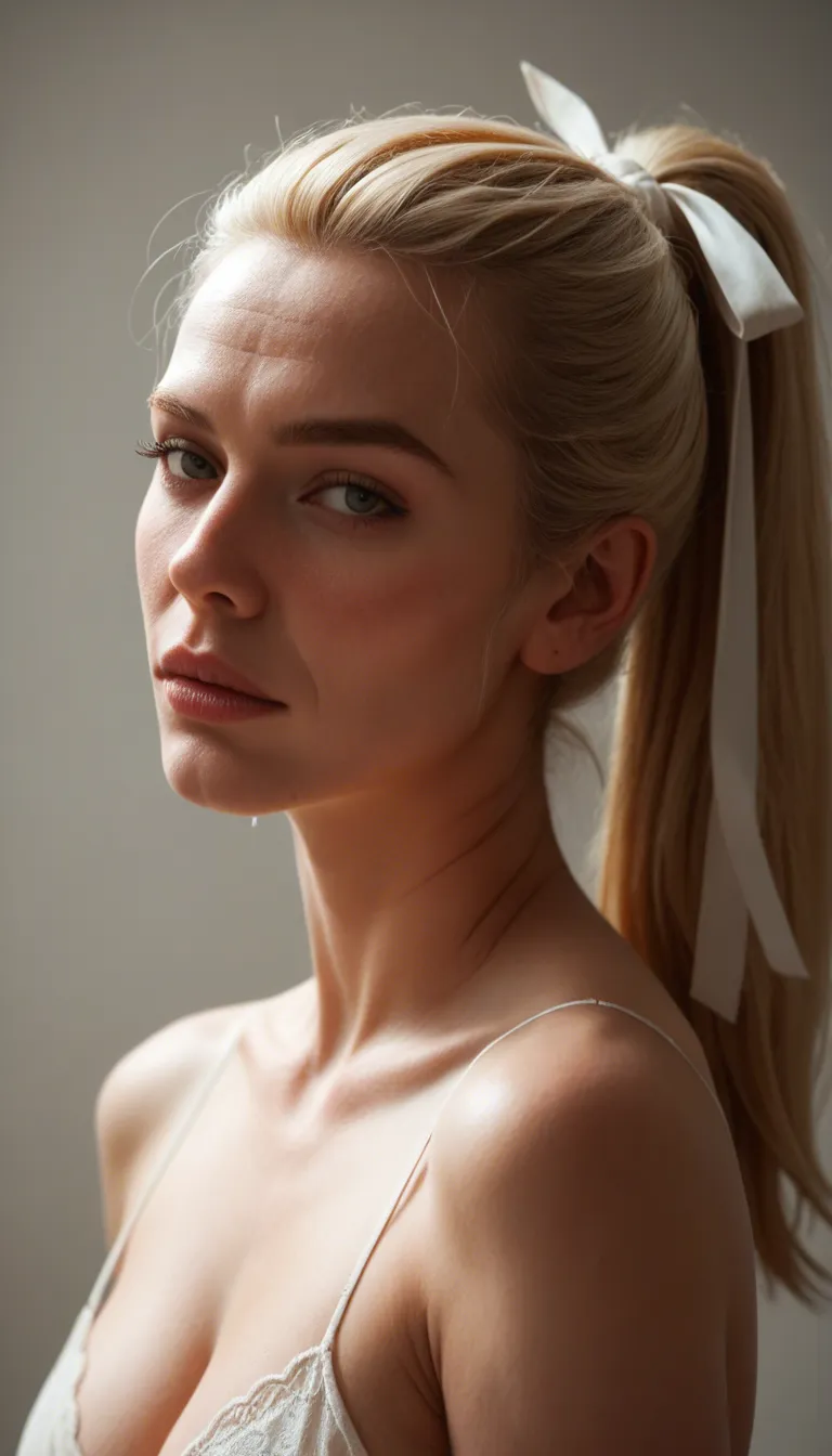 Photograph of LilyCH a youn 20 year old woman with long blonde hair styled in a high ponytail and secured with a silk hair ribbon. She has fair skin with visible freckles and large round breasts that are exceptionally perky and spherical and are more enhanced than a natural breast shape. She is happy and smiles softly
-.dutch angle, dynamic pose, (from below, low angle:1.2), Lily stands in a bright green-walled kitchen, her patterned long-sleeve top lifted slightly while she looks over her shoulder at the camera, revealing bare skin and pulled-up pajama pants around her hips near a silver fridge and white cabinets.((1woman, solo, breasts, looking at viewer, smile, open mouth, long sleeves, nipples, pants, indoors, looking back, from behind, clothes lift, sweater, cup, no bra, no panties, shirt lift, clothes pull, mug, pajamas, pants pull, sweater lift, kitchen, refrigerator, cabinet, coffee pot):0.5), masterwork, masterpiece, best quality, detailed, depth of field, high detail, very aesthetic, 8k, dynamic angle, arms squeeze breasts together