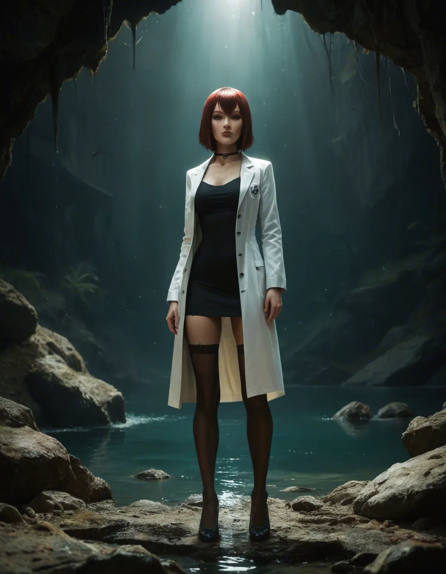 highly detailed, natural lighting, succubus, shoes, wet pussy, photorealistic, water, cinematic realistic, full_body, @makise_kurisu, science_fiction, lab_coat, black_dress, thighhighs, choker, black_footwear, long_skirt, short_hair, clitoris_stimulation, orgasm, male_focus, score_9, score_8, candid photo, realistic skin texture, visible skin pores, film grain, depth of field