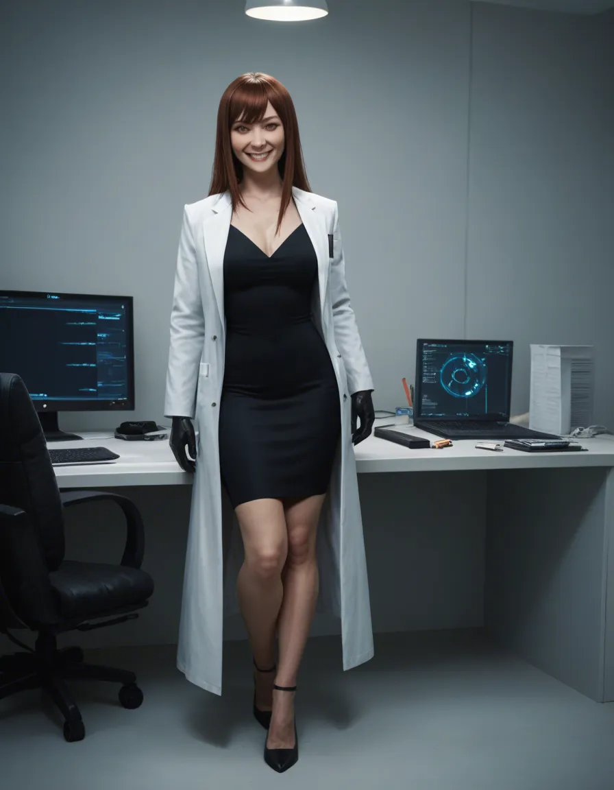 ultra HD, lifelike, office_lady, professional photo_(object), rim light_smile, photorealistic, water, cinematic realistic, full_body, @makise_kurisu, science_fiction, lab_coat, black_dress, black_gloves, bdsm, score_9, score_8, candid photo, realistic skin texture, visible skin pores, film grain, depth of field