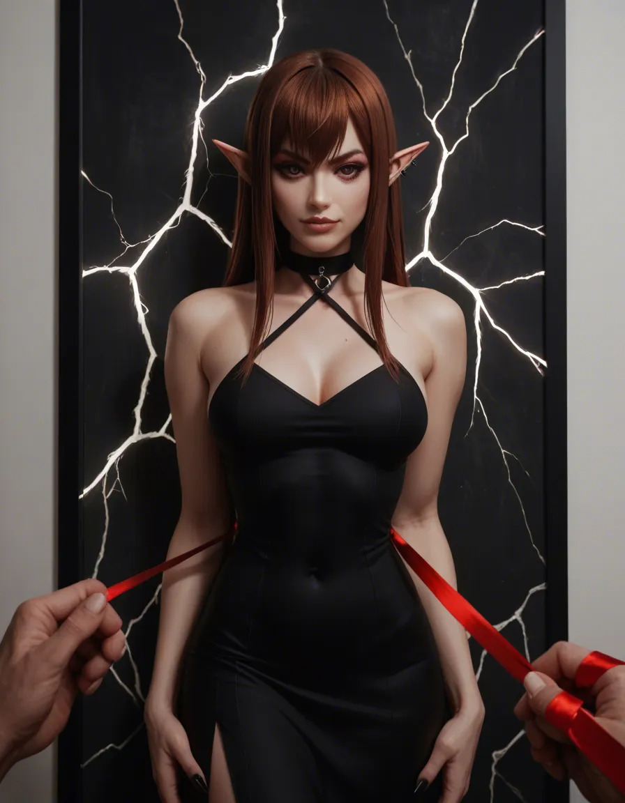 8k, sharp_fingernails, gift_box, ribbon_trim, @makise_kurisu, smug, goth, parted_lips, picture_frame, simple_background, elf, electricity, bdsm, black_dress, covered_navel, adjusting_hair, short_hair, pink_lips, nervous, pixel_art, lab_coat, science_fiction, close-up, lipstick, blue_eyes, white_hair, score_9, score_8, candid photo, realistic skin texture, visible skin pores, film grain, depth of field