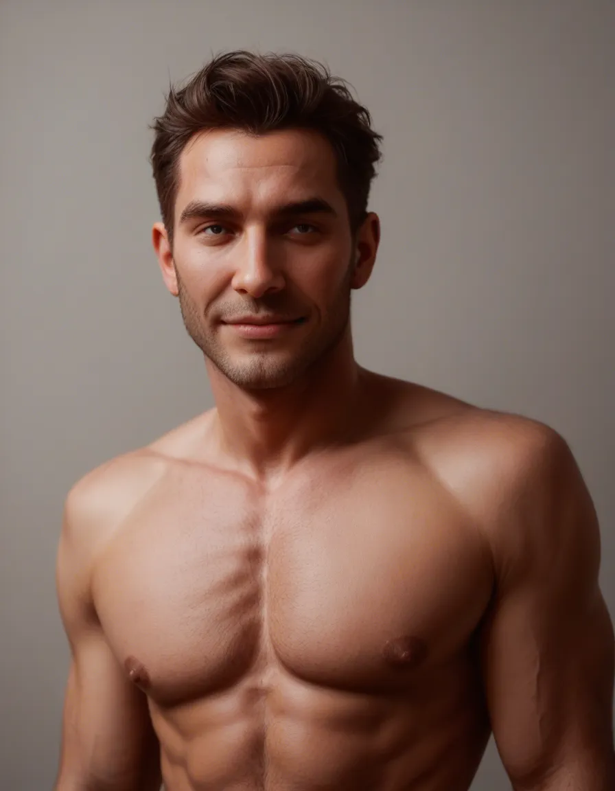sharp focus, 8k uhd, portrait, male focus, topless, bare shoulders, gradient background, shy smile, RAW photo, score_9, score_8, candid photo, realistic skin texture, visible skin pores, film grain, depth of field, score_9, score_8, candid photo, realistic skin texture, visible skin pores, film grain, depth of field