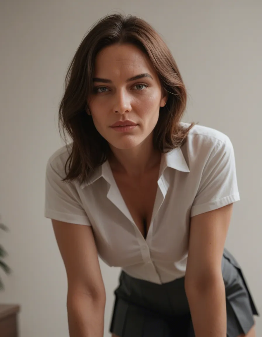 professional photo, high detail, mature female, parted bangs, pleated skirt, doggy style, lifelike render, score_9, score_8, candid photo, realistic skin texture, visible skin pores, film grain, depth of field