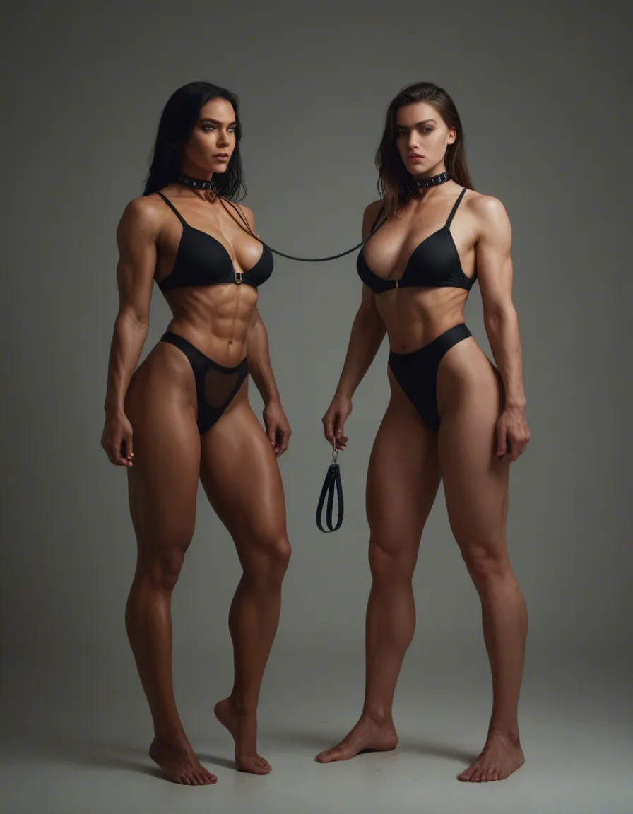 2women, one muscular_female with collar and in bondage , one black curvy_female holding the leash from the collar, full_body, score_9, score_8, amateur photo, phone snapshot, realistic skin texture, skin blemishes, soft indoor lighting