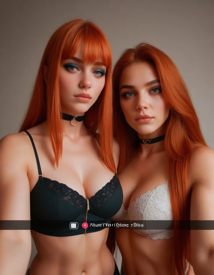phone camera, snapchat style photo, multiple_girls, two girls, both girls are 18 years old, first girl has a thinner build, second girl has a thin but slightly bustier build, first girl is a redhead with straight long hair and bangs, cute shy appearance, eyeliner and choker, nude, and knees looking up at camera, second girl is beside her in the same pose, second girl is a brunette with short wavy hair and bangs, she also has glasses and a choker, also nude,, score_9, score_8, candid photo, realistic skin texture, visible skin pores, film grain, depth of field, score_9, score_8, amateur photo, phone snapshot, realistic skin texture, skin blemishes, soft indoor lighting