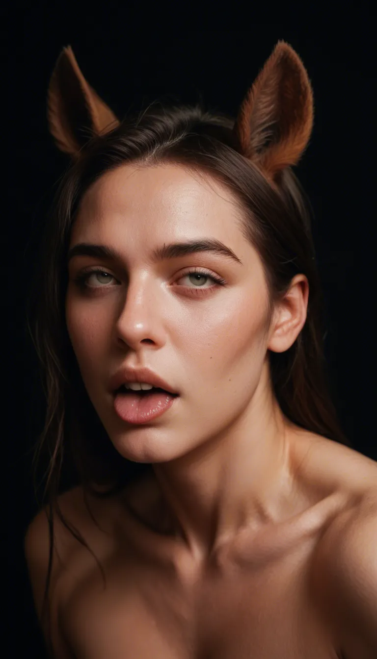 studio quality, sharp focus, male focus, horse ears, bow, ahegao, black background, studio lighting, photorealistic