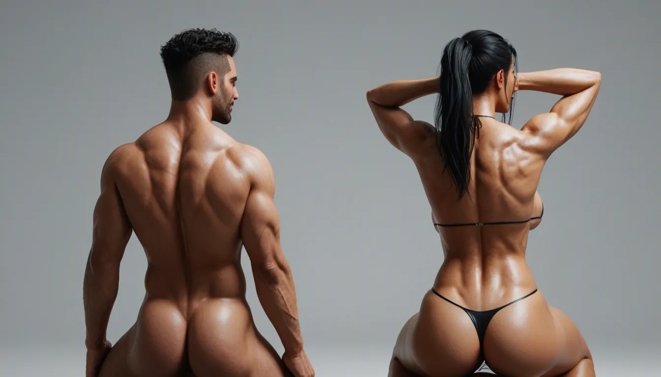 back view, huge bouncing back boobs, riding face cowgirl, heads behind head, black shiny micro bikini, muscular body, arching back, long black hair high ponytail fringe hairstyle, weak man, moaning, big arm tattoos, big back tattoo, library background