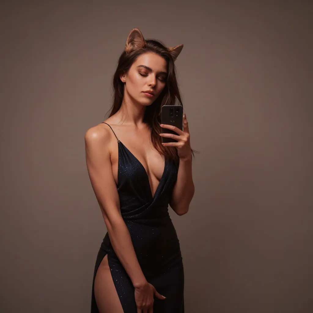 best quality, hyperrealistic, solo focus, animal ears, evening gown, masturbation, warm tones, lifelike render