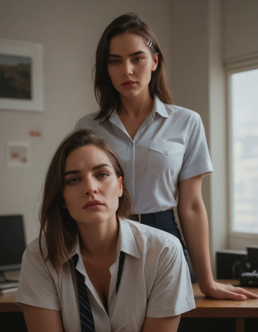 professional photo, high detail, 2women, hairclip, short sleeves, futanari, lifelike render, score_9, score_8, candid photo, realistic skin texture, visible skin pores, film grain, depth of field
