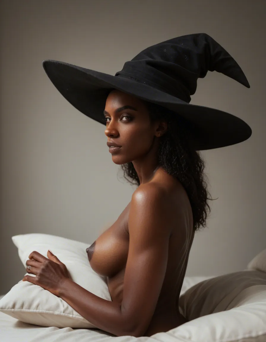 cinematic photo, 8k, side view, witch, futanari, dark-skinned female, pillow, intense passion, film photography, score_9, score_8, candid photo, realistic skin texture, visible skin pores, film grain, depth of field