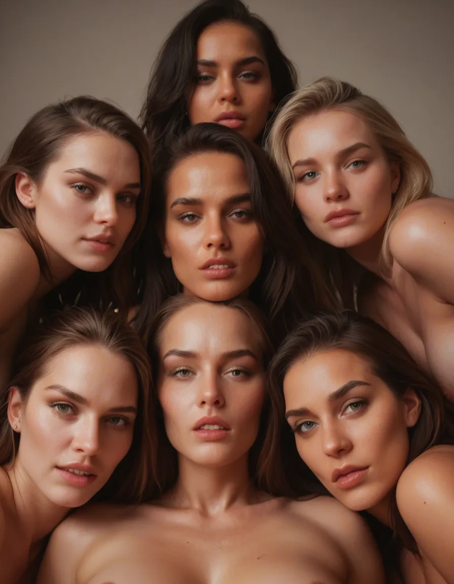 sharp focus, 8k uhd, POV, 6+girls, 69 position, standing, hyperrealistic, score_9, score_8, candid photo, realistic skin texture, visible skin pores, film grain, depth of field