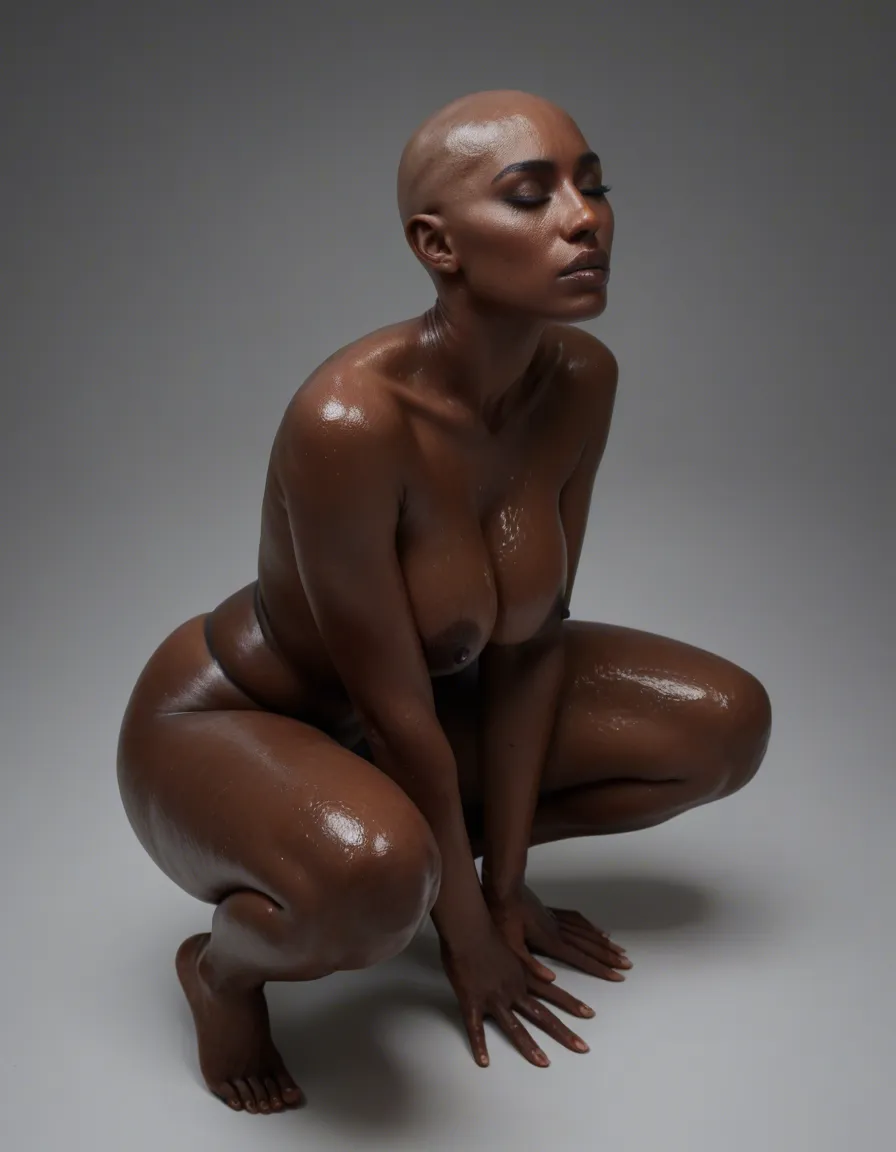 woman (bald, oiled_skin, charcoal-black skin, huge_breasts, thick thighs, squatting, looking_down, eyes closed) view from above, from side, clean white laboratory room, score_9, score_8, candid photo, realistic skin texture, visible skin pores, film grain, depth of field