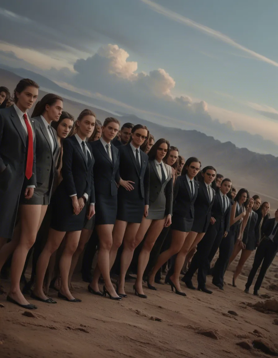 studio quality, sharp focus, 6+women, colored skin, necktie, leg up, sky, dutch angle, photorealistic, score_9, score_8, candid photo, realistic skin texture, visible skin pores, film grain, depth of field