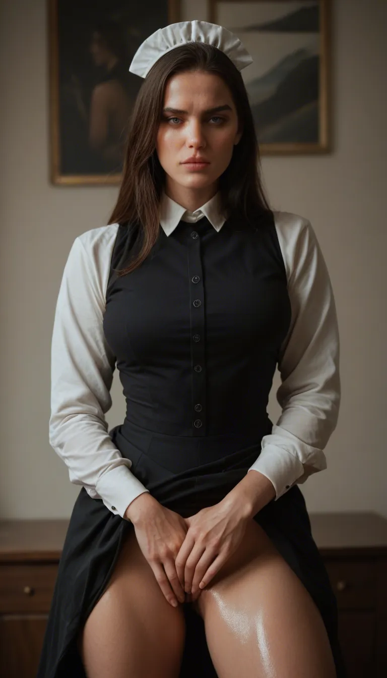 professional photo, high detail, maid, masturbation, shiny skin, RAW photo