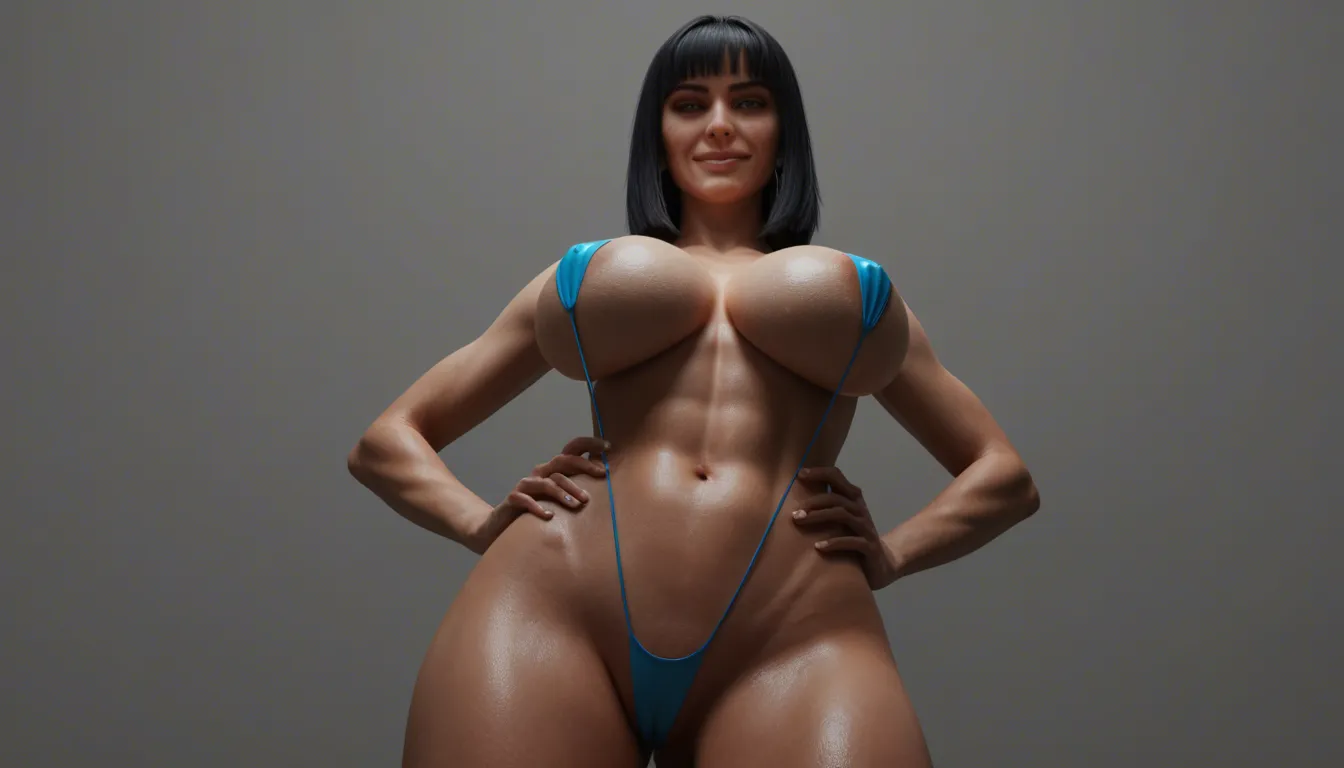 front below, busty woman huge breasts, cumdripping breasts, long black hair fringe hairstyle shiny black micro slingbikini evil smile hands on hips arching back big blue shoulder tattoos red arm tattoos, library