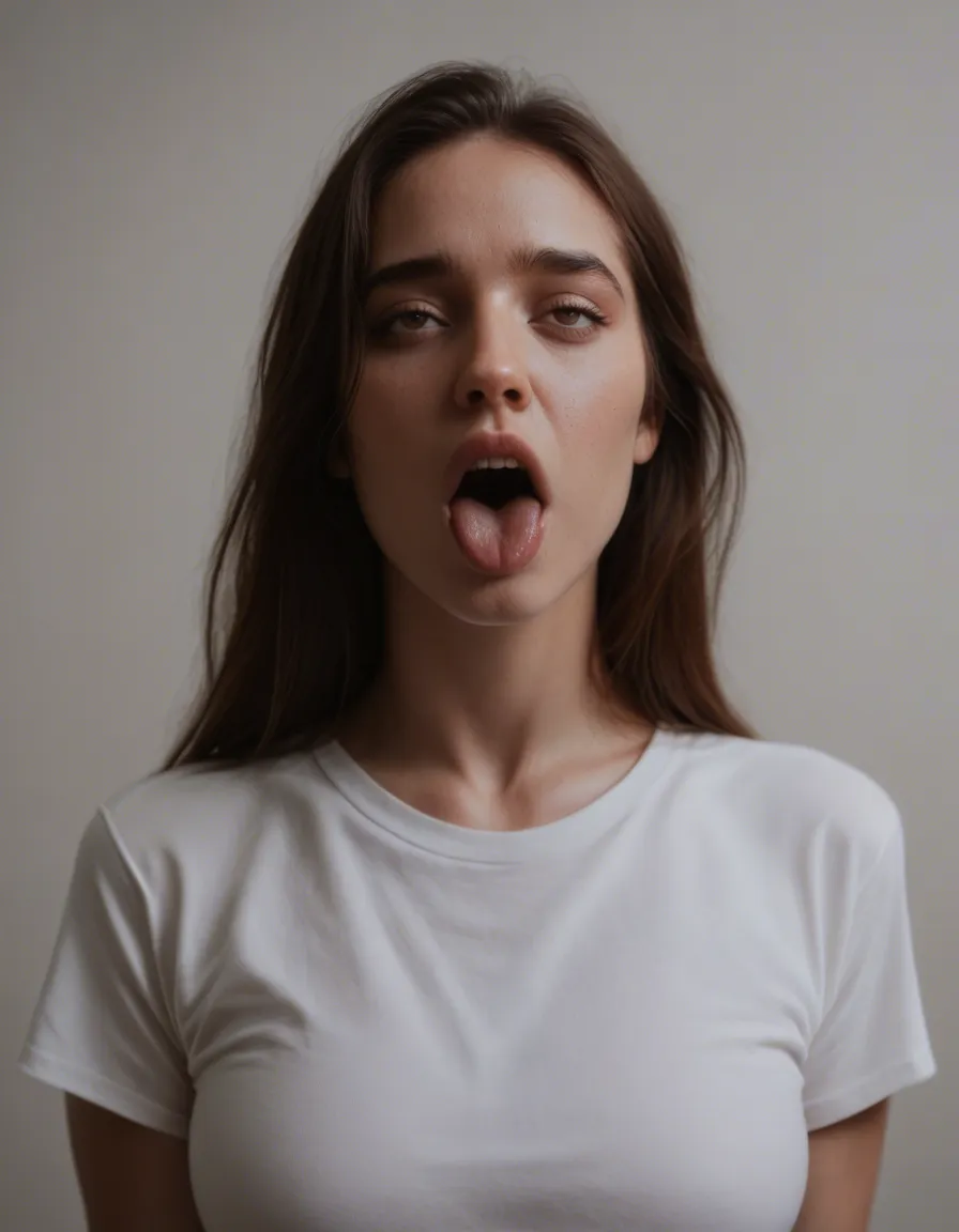 dslr, film grain, photorealistic, solo focus, white shirt, ahegao, natural skin texture, score_9, score_8, candid photo, realistic skin texture, visible skin pores, film grain, depth of field