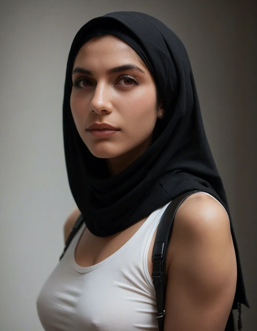 hijab Tifa Lockhart, score_9, score_8, candid photo, realistic skin texture, visible skin pores, film grain, depth of field