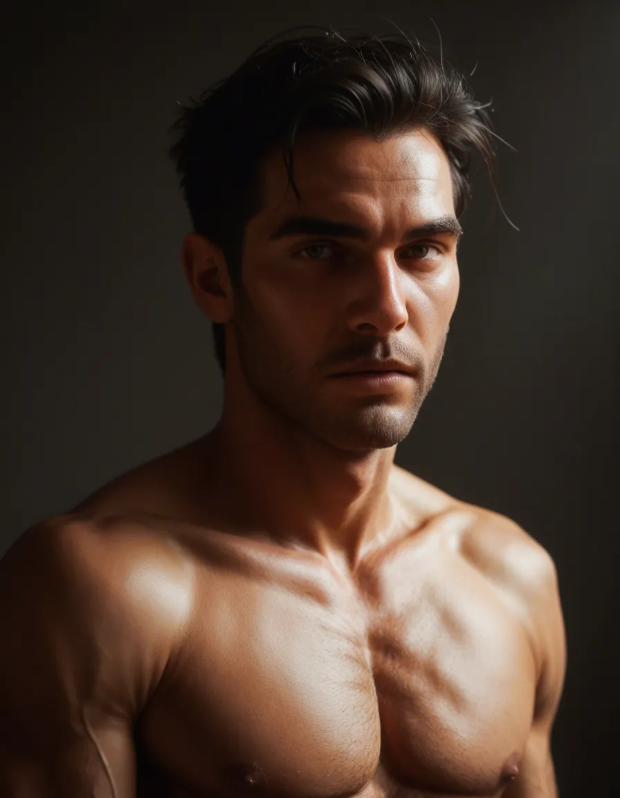 highly detailed, natural lighting, male focus, black hair, jewelry, fully nude, RAW photo, score_9, score_8, candid photo, realistic skin texture, visible skin pores, film grain, depth of field