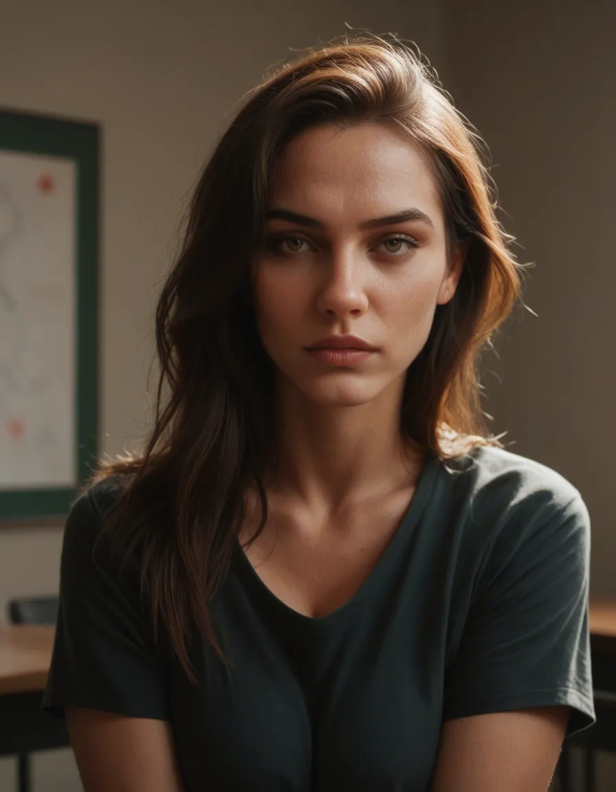 woman_on_top , teachr,, teacher 1 guy 1woman, score_9, score_8, candid photo, realistic skin texture, visible skin pores, film grain, depth of field