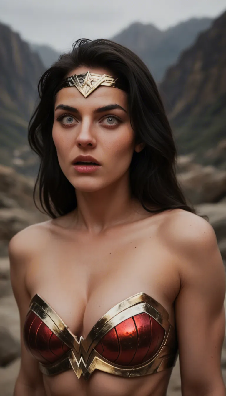 cinematic photo, 8k, wonder woman, surprised to cam, crop her iconic costume, teasing, photorealistic