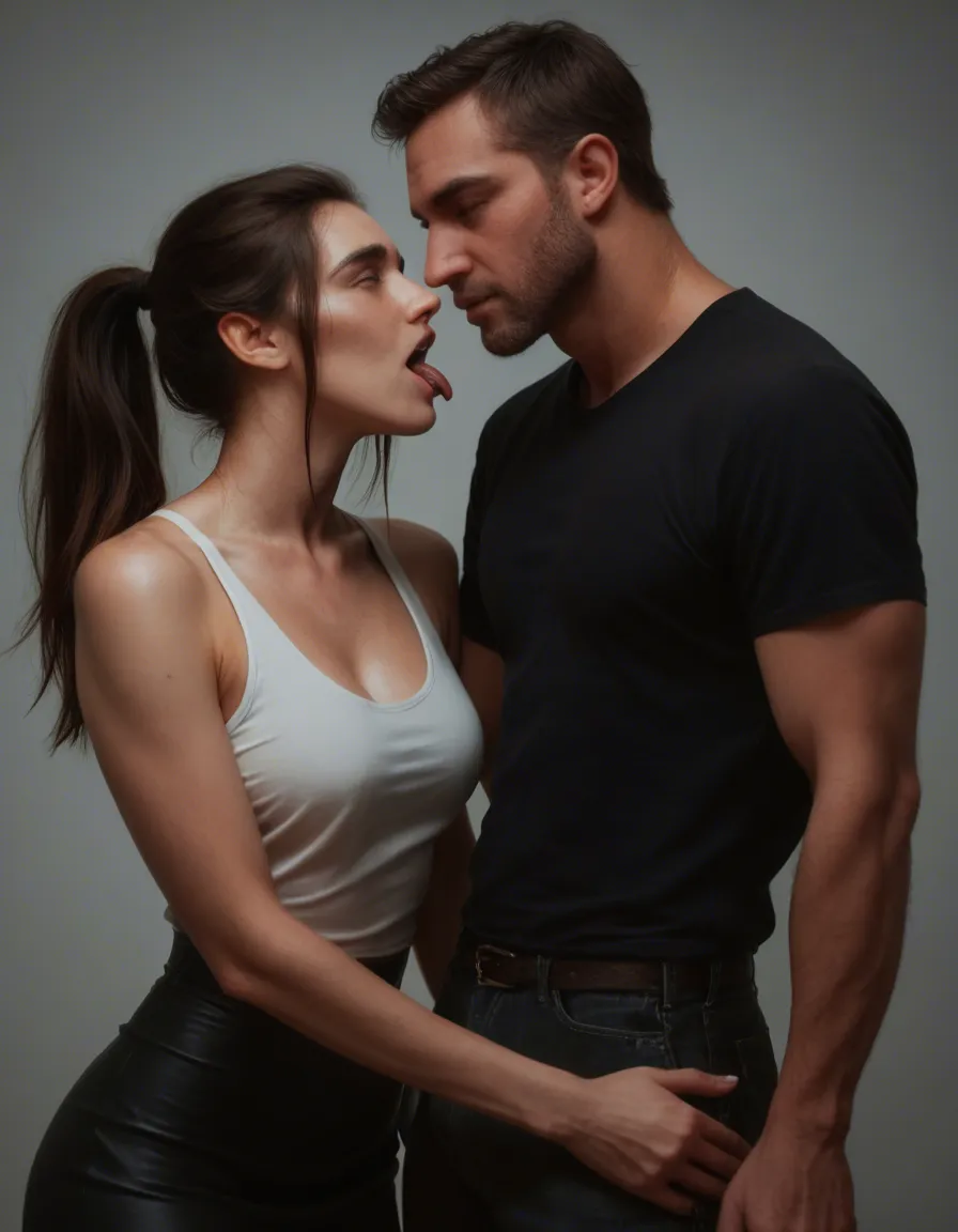 best quality, hyperrealistic, couple, ponytail, black skirt, ahegao, RAW photo, score_9, score_8, candid photo, realistic skin texture, visible skin pores, film grain, depth of field