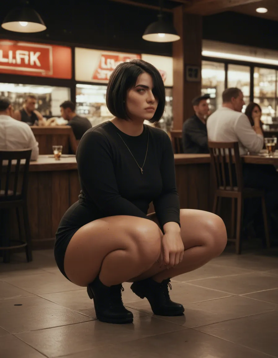 Studio quality, lifelike rendering, submissive squatting, crowded public restaurant, plump, thick_thighs, hands_on_knees, Persian woman, 45 years old, very large nose, black hair, pixie_bob_cut , long swept bang over one eye, smallish breasts, slave collar with chain leash, pink lace garter belt with bows and stockings, extremely hairy pussy, open mouth receiving cum from man standing beside her, people watching, score_9, score_8, candid photo, realistic skin texture, visible skin pores, film grain, depth of field