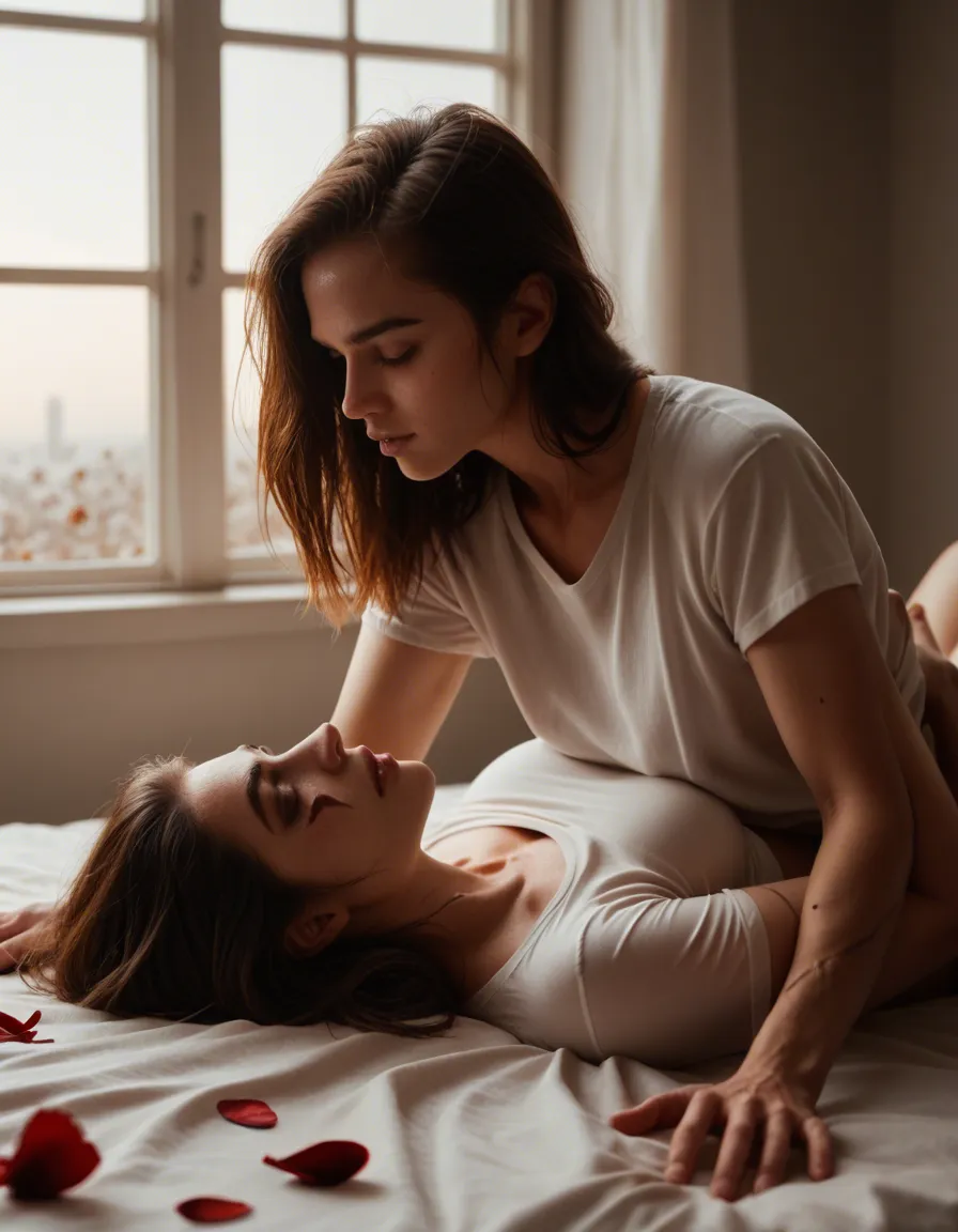 ultra HD, lifelike, solo, scar, shirt, 69 position, petals, window light, natural skin texture, score_9, score_8, candid photo, realistic skin texture, visible skin pores, film grain, depth of field