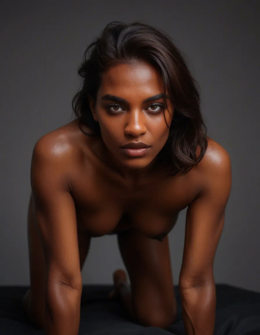 professional photo, high detail, solo female, on all fours, dark skin, tender moment, hyperrealistic, score_9, score_8, candid photo, realistic skin texture, visible skin pores, film grain, depth of field
