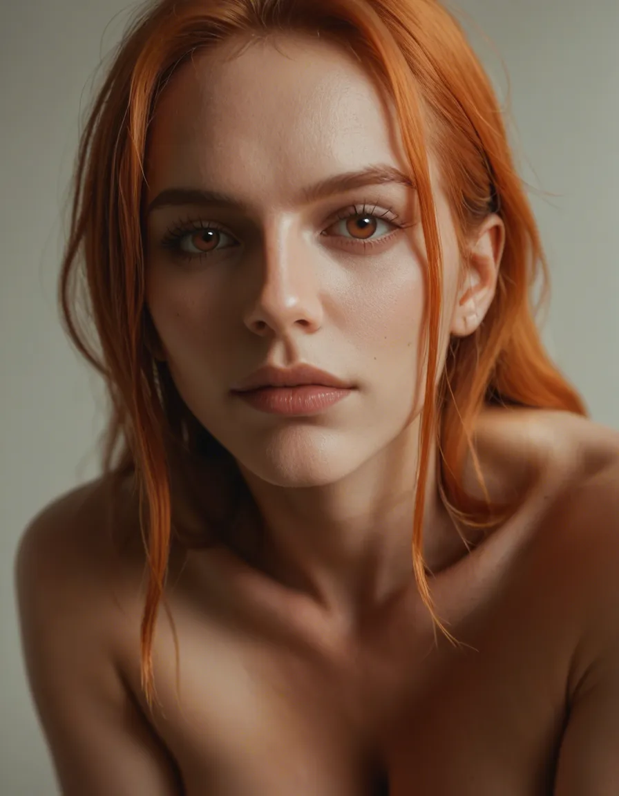 dslr, film grain, photorealistic, close-up, nami from one piece, bent over, feet, military, confident gaze, film photography, score_9, score_8, candid photo, realistic skin texture, visible skin pores, film grain, depth of field