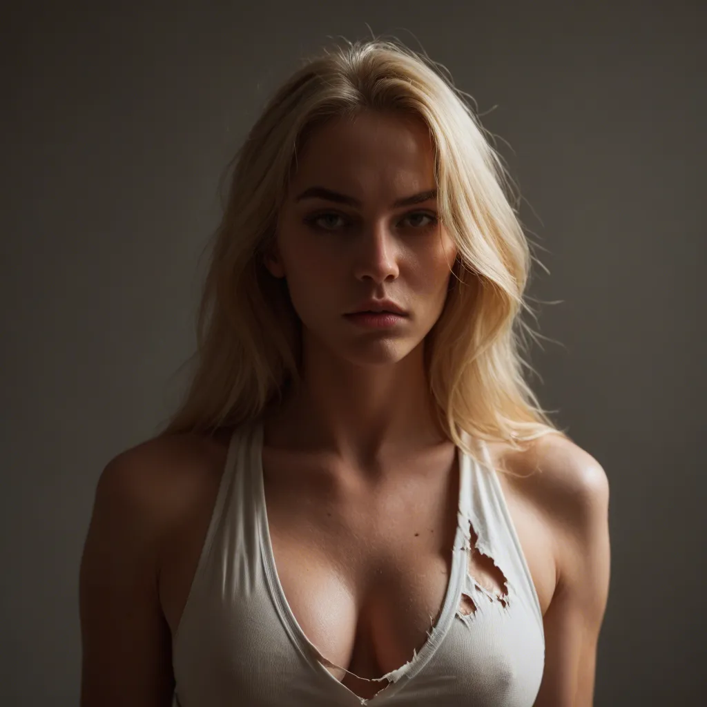 8k, sharp focus, white skin, blonde hair, ripping off her clothes in violently way