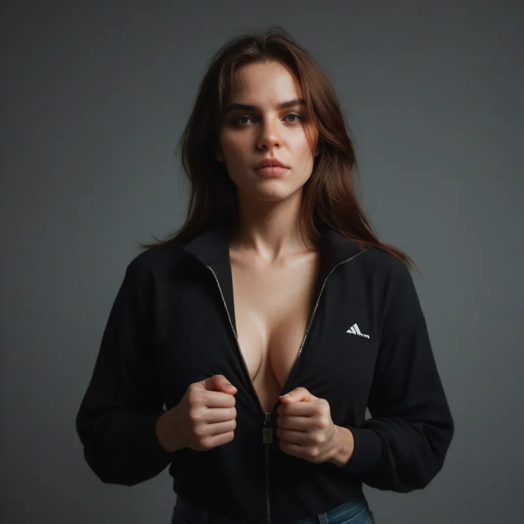 woman standing, unzipping her blouse and squeezing her tits