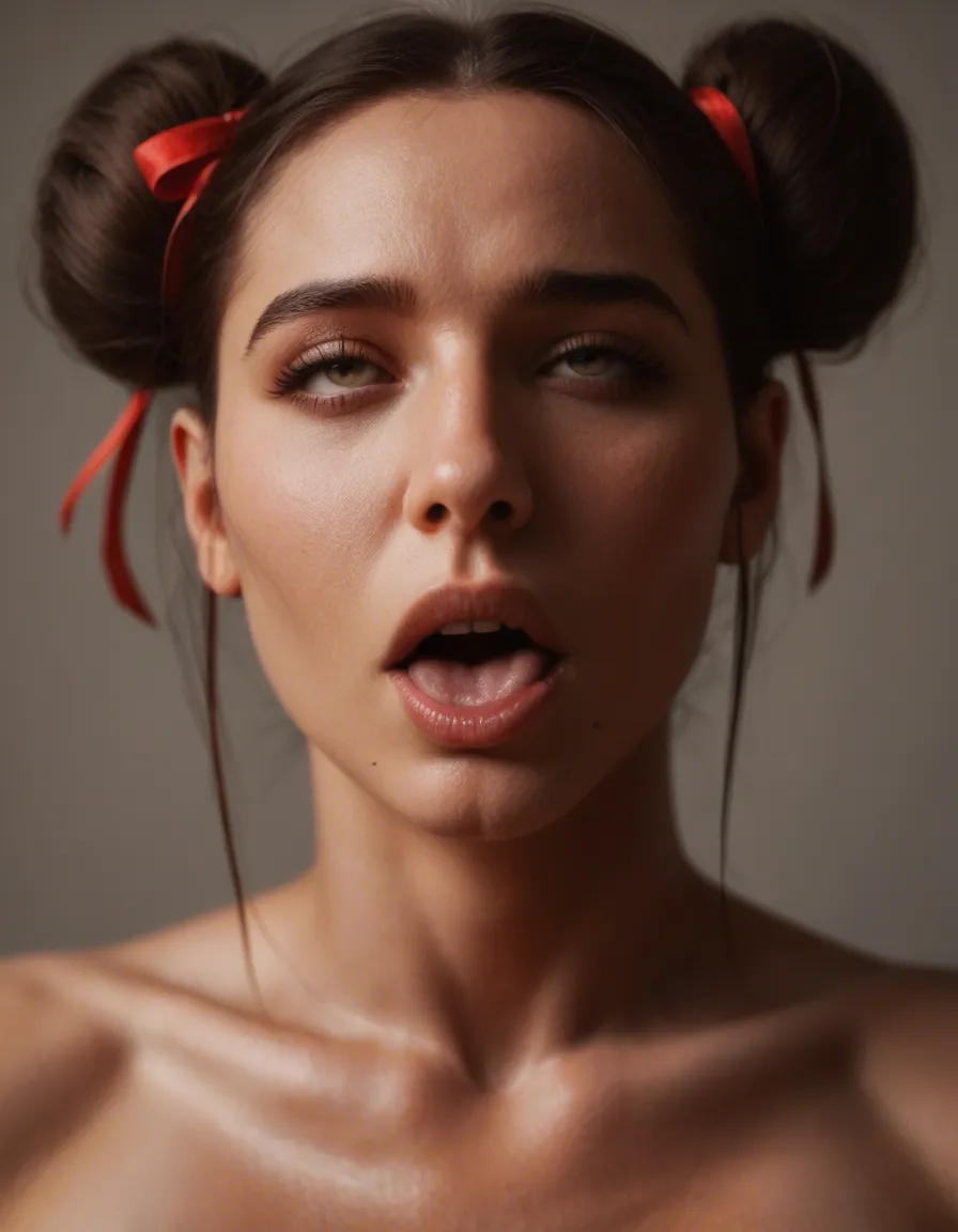 8k, sharp focus, detailed skin, brunette woman, double bun, ribbon, ahegao, backlit, photorealistic, score_9, score_8, candid photo, realistic skin texture, visible skin pores, film grain, depth of field