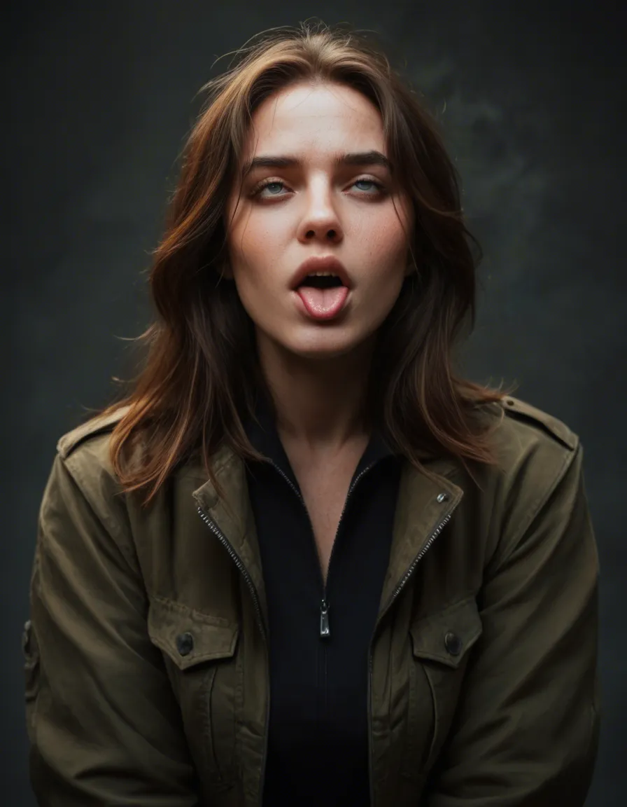 sharp focus, 8k uhd, princess, jacket, ahegao, photorealistic, score_9, score_8, candid photo, realistic skin texture, visible skin pores, film grain, depth of field