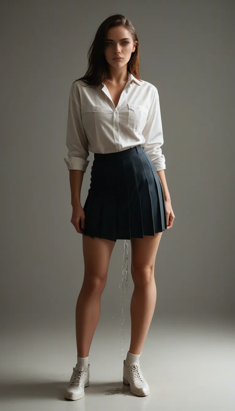 professional photo, high detail, solo female, white footwear, pleated skirt, squirting, transparent background, soft lighting, 8k uhd photo