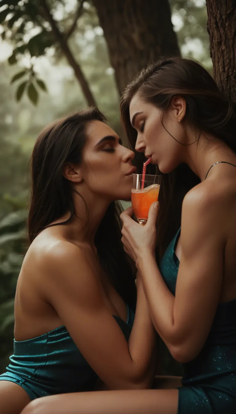 cinematic photo, 8k, multiple girls, bare shoulders, cocktail dress, cuddling, oral, tree, dslr quality