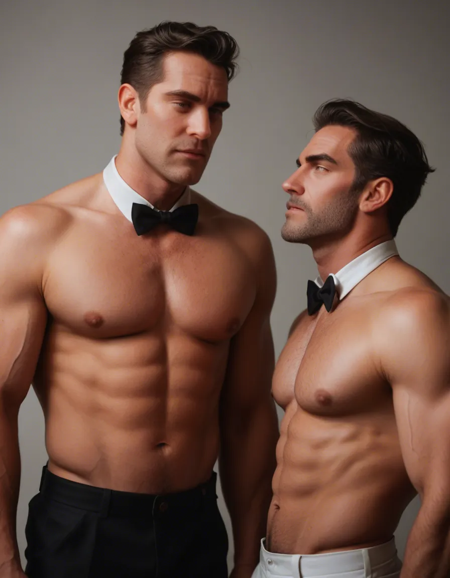 professional photo, high detail, 2boys, bowtie, topless, studio photo, score_9, score_8, candid photo, realistic skin texture, visible skin pores, film grain, depth of field