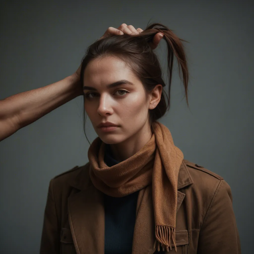 RAW photo, ultra realistic, solo female, hair pull, scarf, photorealistic