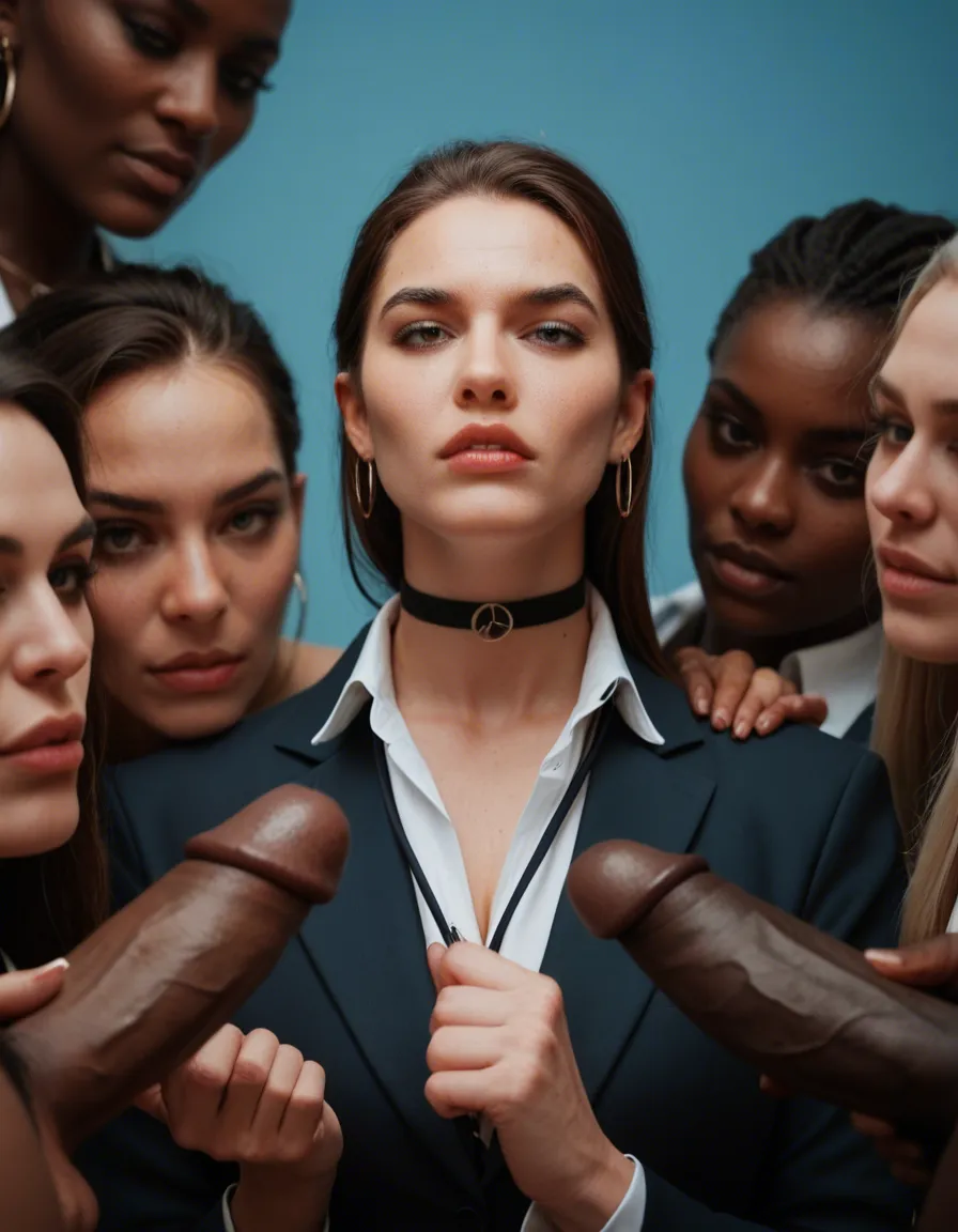 professional photo, high detail, 6+girls, dark-skinned male, choker, futanari, blue background, 8k uhd photo, score_9, score_8, candid photo, realistic skin texture, visible skin pores, film grain, depth of field