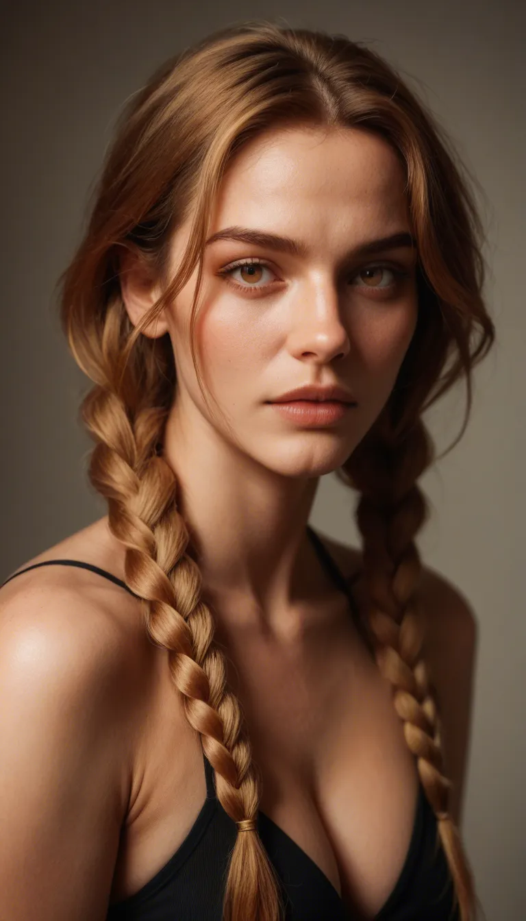 A high-resolution, photorealistic full-body shot of a beautiful young woman with long, golden-brown hair styled into two neat braided pigtails. She is lying on her back on a plush bed with rumpled white linen sheets, her legs spread comfortably apart in a relaxed, natural pose. She is wearing a form-fitting charcoal grey sports bra and tight black athletic shorts that accentuate her toned physique and perky, natural curves. The lighting is soft and airy, casting gentle shadows across her skin, with a shallow depth of field that keeps the focus sharply on her serene expression and athletic build. One hand is groping her breast and the other hand is down her shorts masturbating