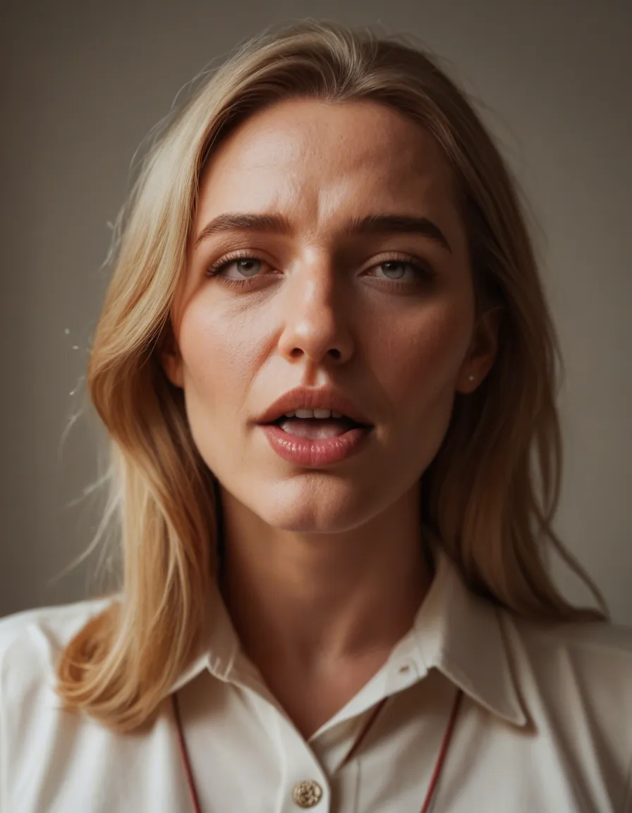 dslr, film grain, photorealistic, milf, buttons, bow, ahegao, three-quarter view, rim light, dslr quality, score_9, score_8, candid photo, realistic skin texture, visible skin pores, film grain, depth of field