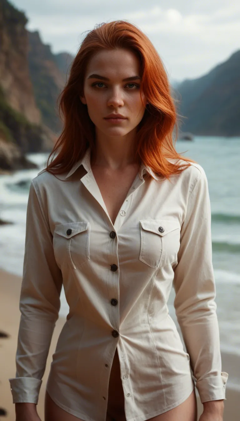 cinematic photo, 8k, cowboy shot, redhead woman, cumshot, buttons, day, mysterious vibe, hyperrealistic