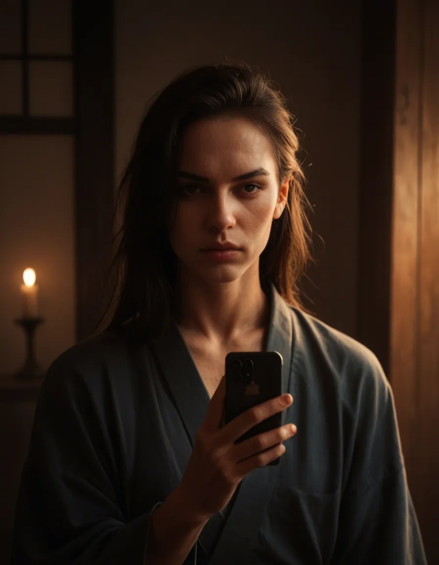 cinematic photo, 8k, 1boy, japanese clothes, futanari, dramatic lighting, hyperrealistic, score_9, score_8, amateur photo, phone snapshot, realistic skin texture, skin blemishes, soft indoor lighting